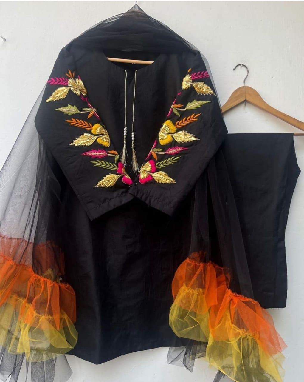 Women Katan Silk 3 Pcs Suit Set Embroidered Black