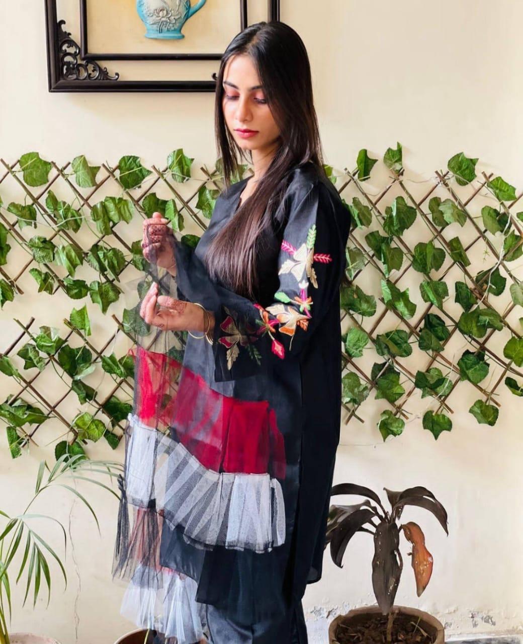 Women Katan Silk 3 Pcs Suit Set Embroidered Black