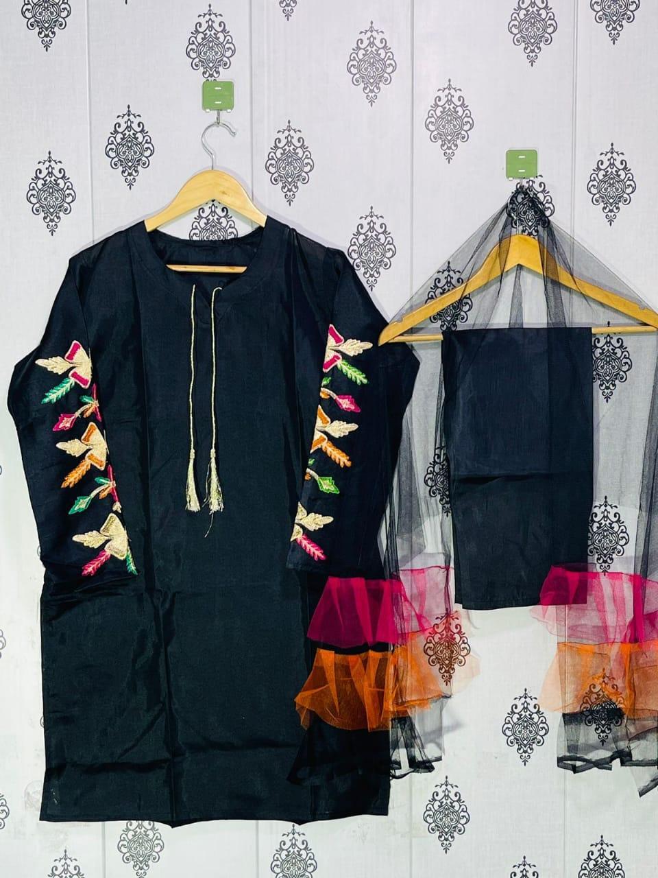 Women Katan Silk 3 Pcs Suit Set Embroidered Black