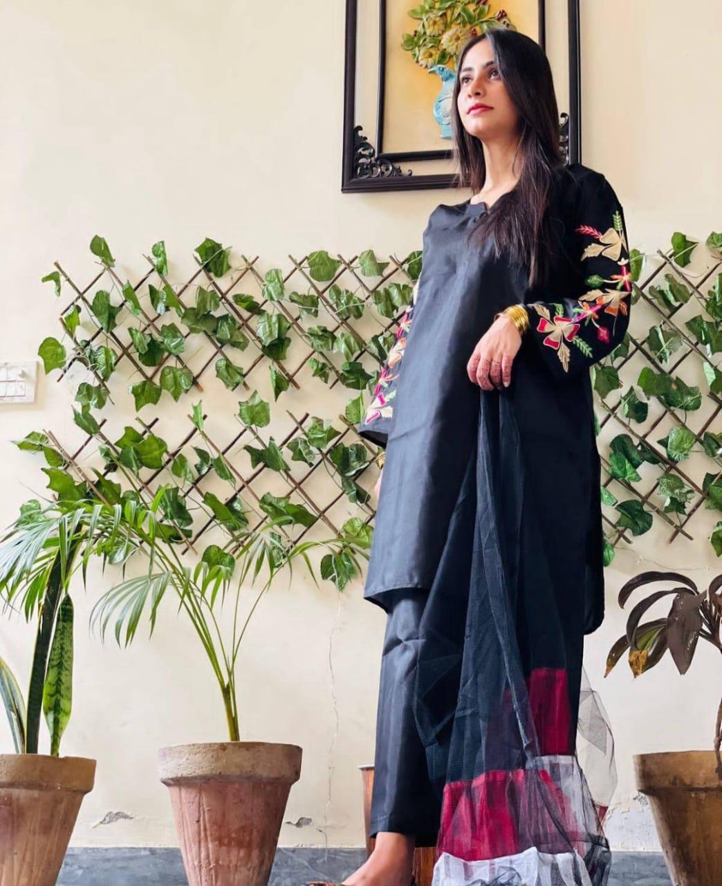 Women Katan Silk 3 Pcs Suit Set Embroidered Black