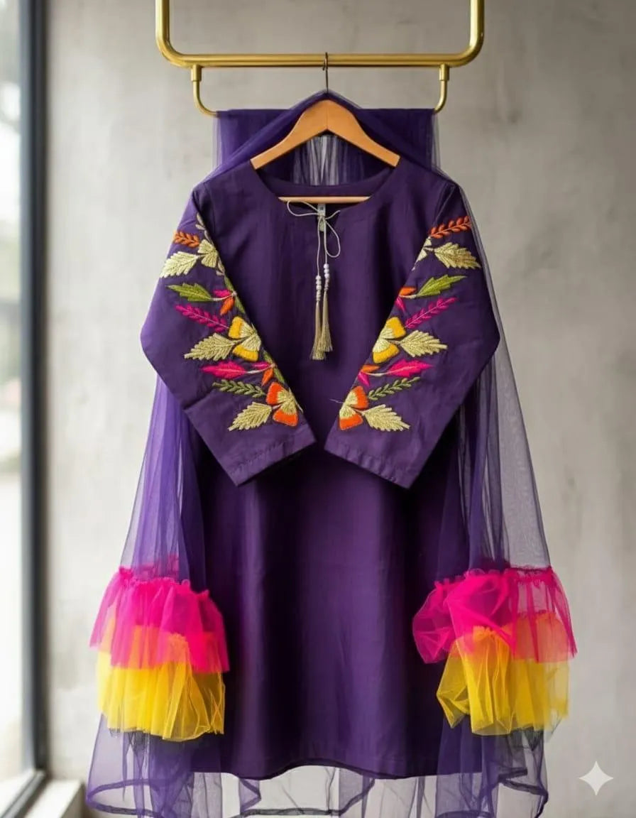 Purple Silk Embroidered 3-Piece Suit for Women