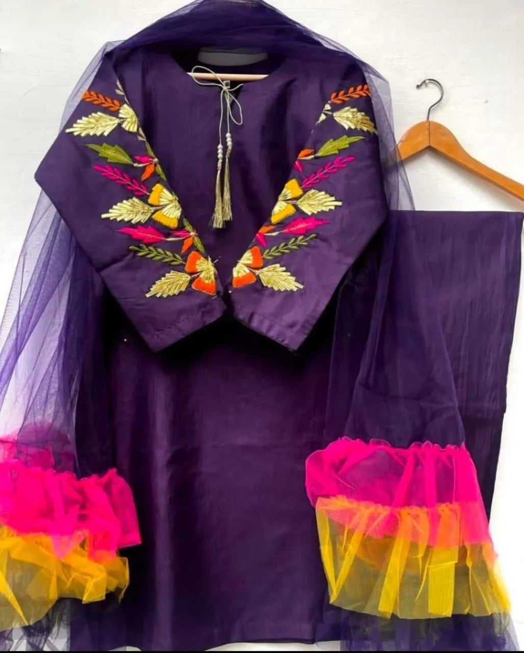 Purple Silk Embroidered 3-Piece Suit for Women
