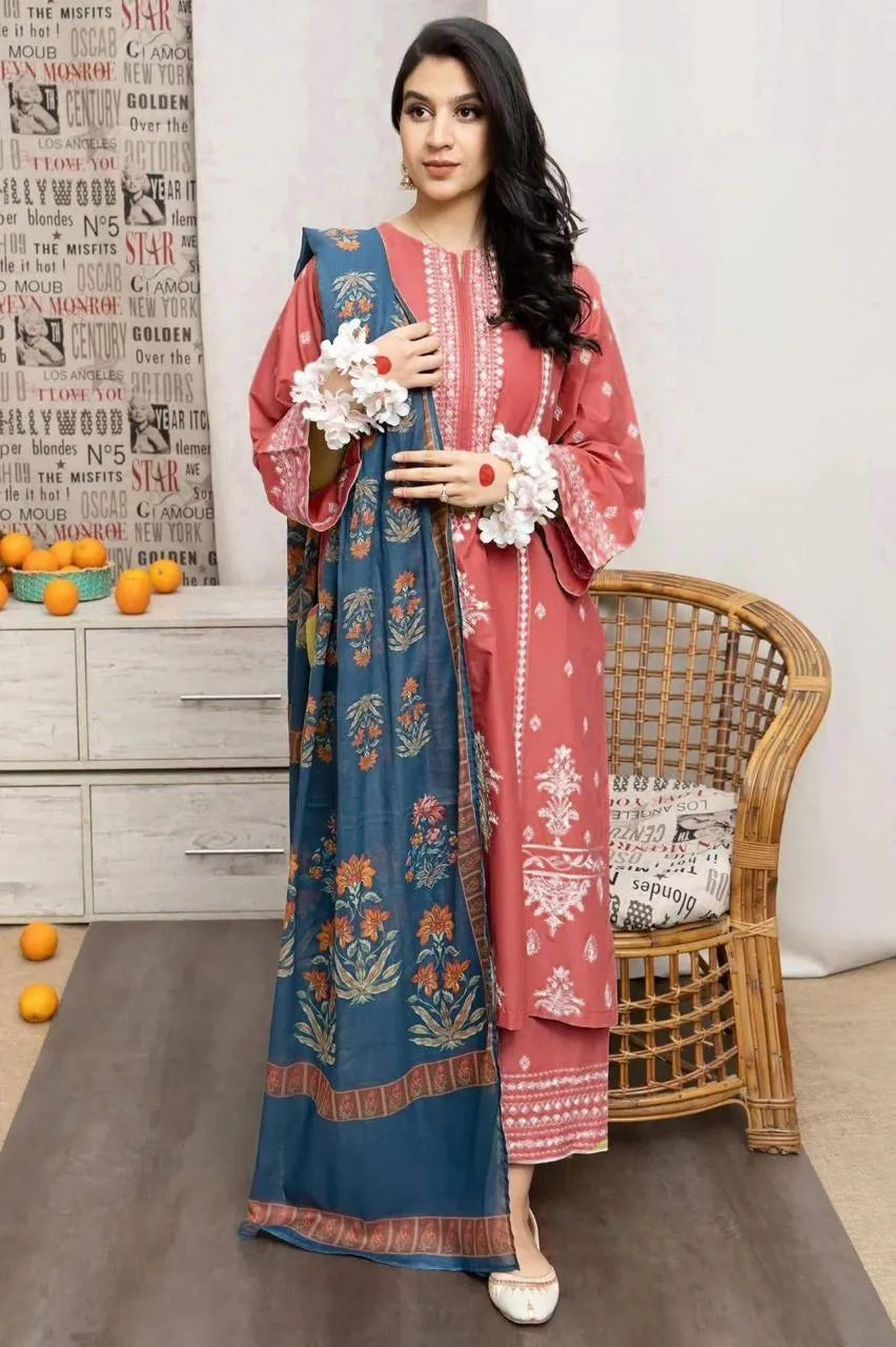 Pakistani 3-Piece Lawn Suit Peach Blue Embroidered