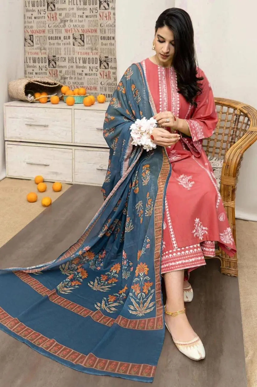 Pakistani 3-Piece Lawn Suit Peach Blue Embroidered