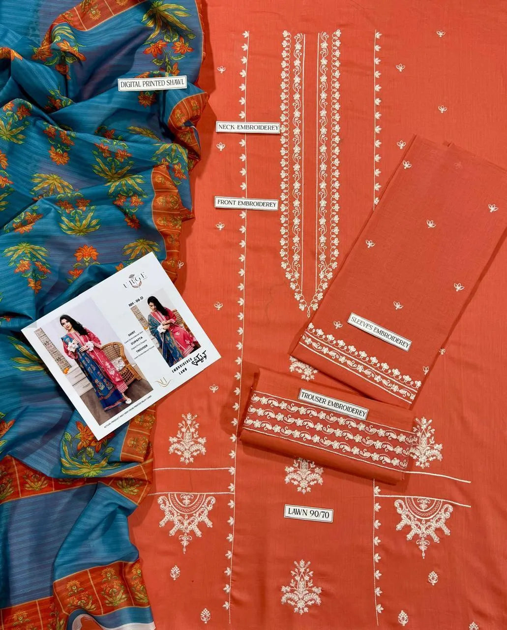 Pakistani 3-Piece Lawn Suit Peach Blue Embroidered