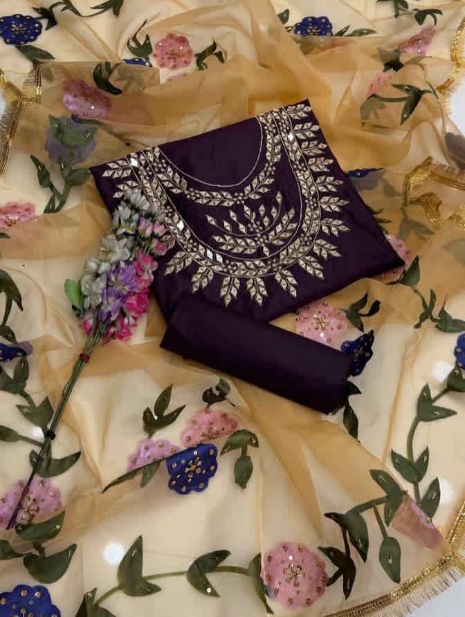 Purple Katan Silk 3-Piece Wedding Suit with Mirror Work