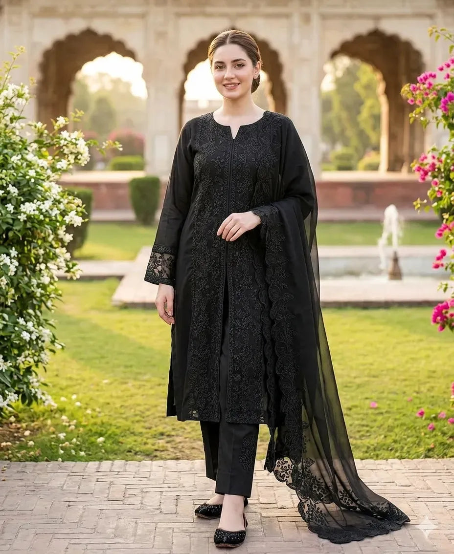 Black Chikankari 3-Piece Women's Suit with Chiffon Dupatta