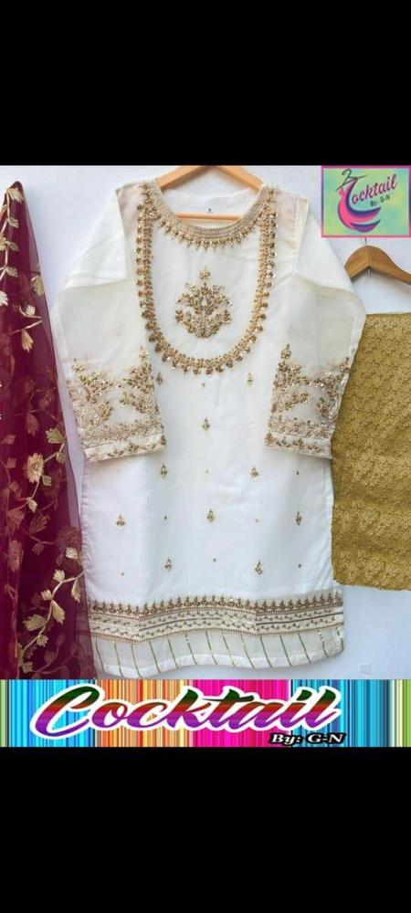 Women's White Embroidered Organza 3Pcs Set Medium