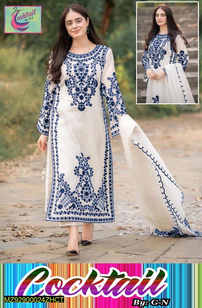 Women's White Embroidered Organza 3Pcs Set Medium