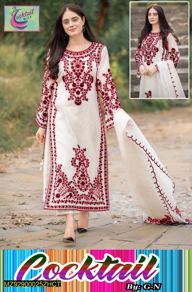 Women's White Embroidered Organza 3Pcs Set Medium