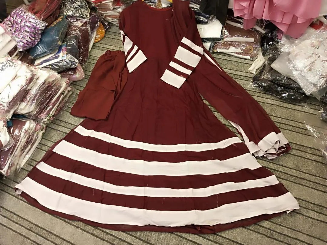Maroon Applique Chiffon Maxi Set with Trouser & Dupatta