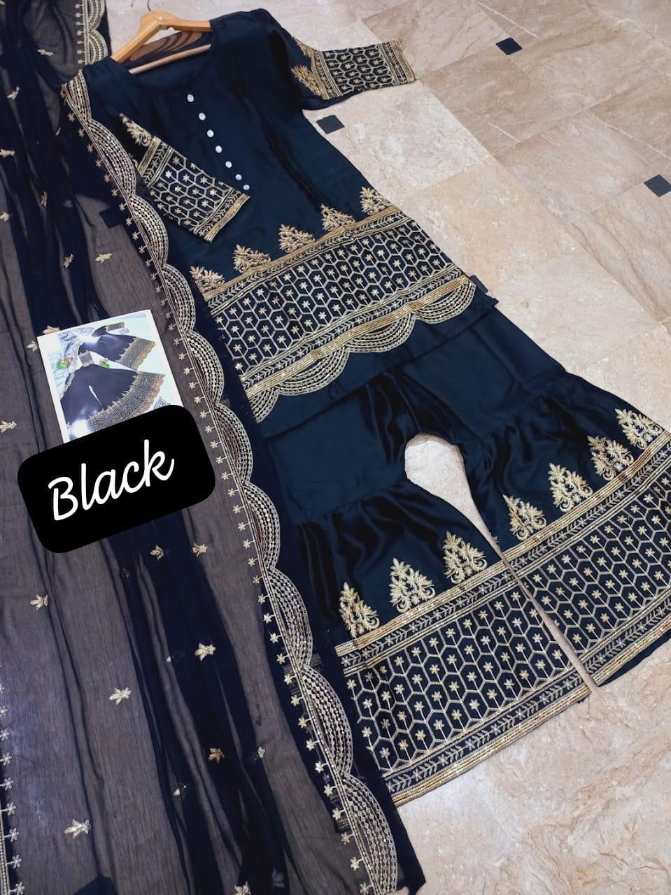Black Sequin Embroidered 3 Pcs Women Suit