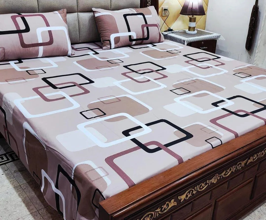 3 Pcs Cotton Printed Double Bedsheet
