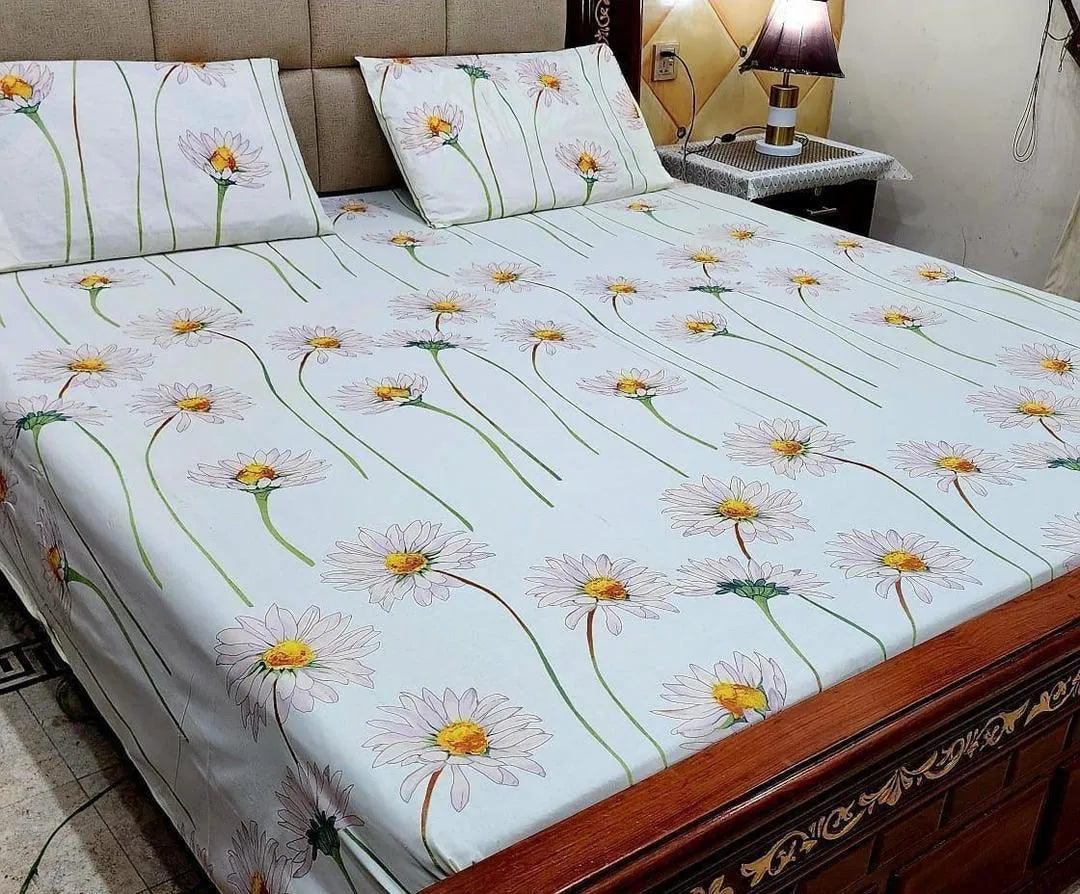 3 Pcs Cotton Printed Double Bedsheet