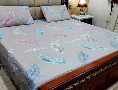 3 Pcs Cotton Printed Double Bedsheet