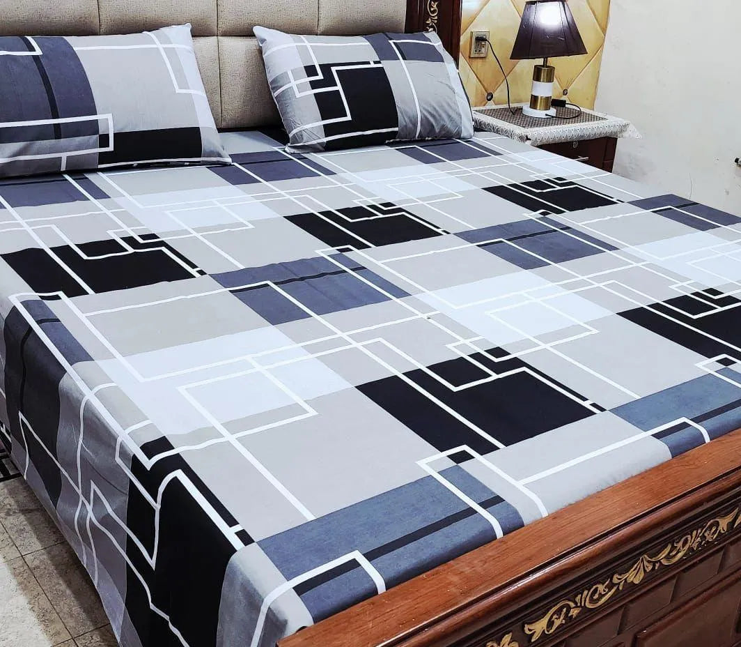 3 Pcs Cotton Printed Double Bedsheet