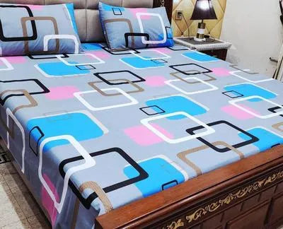 3 Pcs Cotton Printed Double Bedsheet