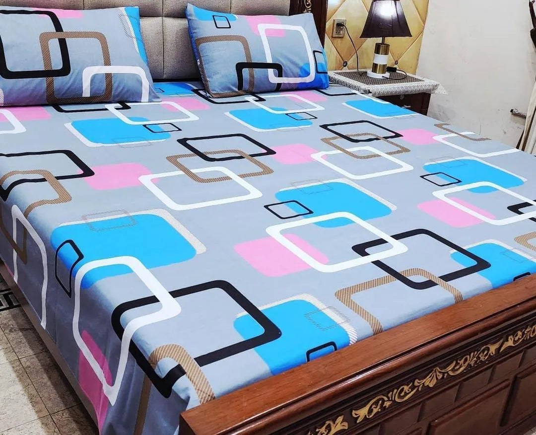3 Pcs Cotton Printed Double Bedsheet