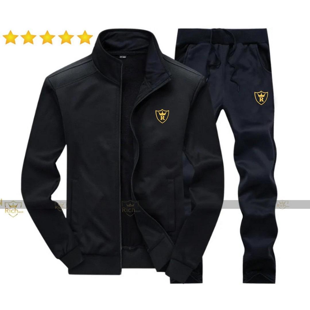 Men's Fleece Track Suit - 2 Pcs - Black - Plain Collar Design at One Spot