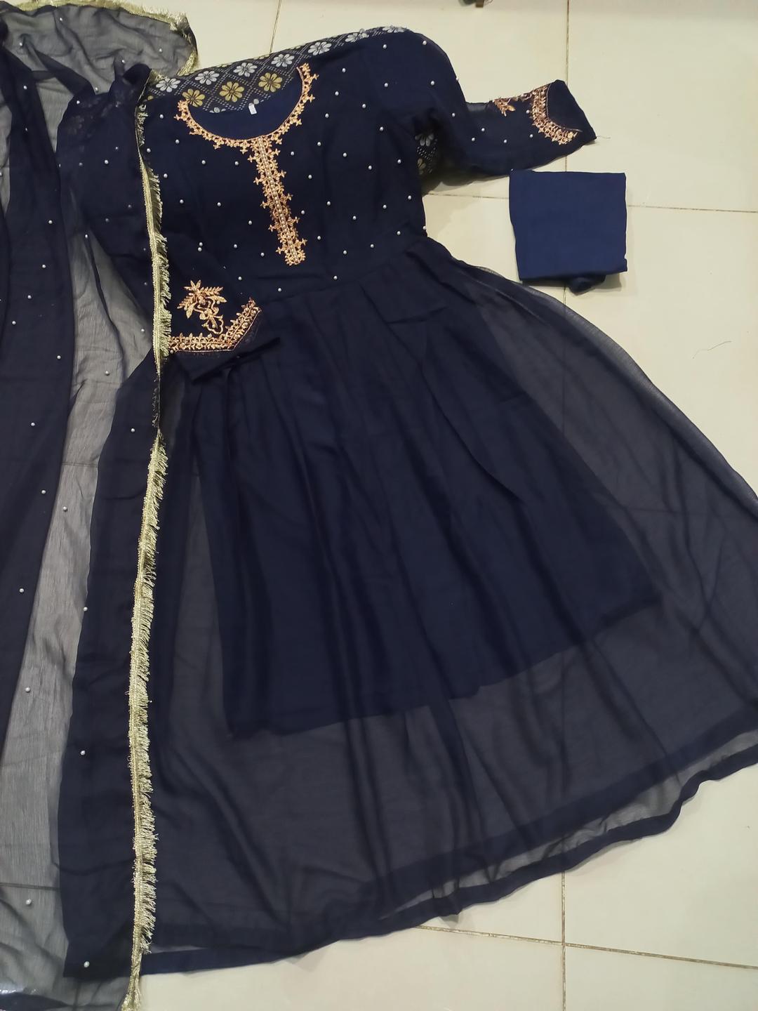 Elegant Blue Embroidered Chiffon Maxi Suit - 3 Pcs Set at One Spot