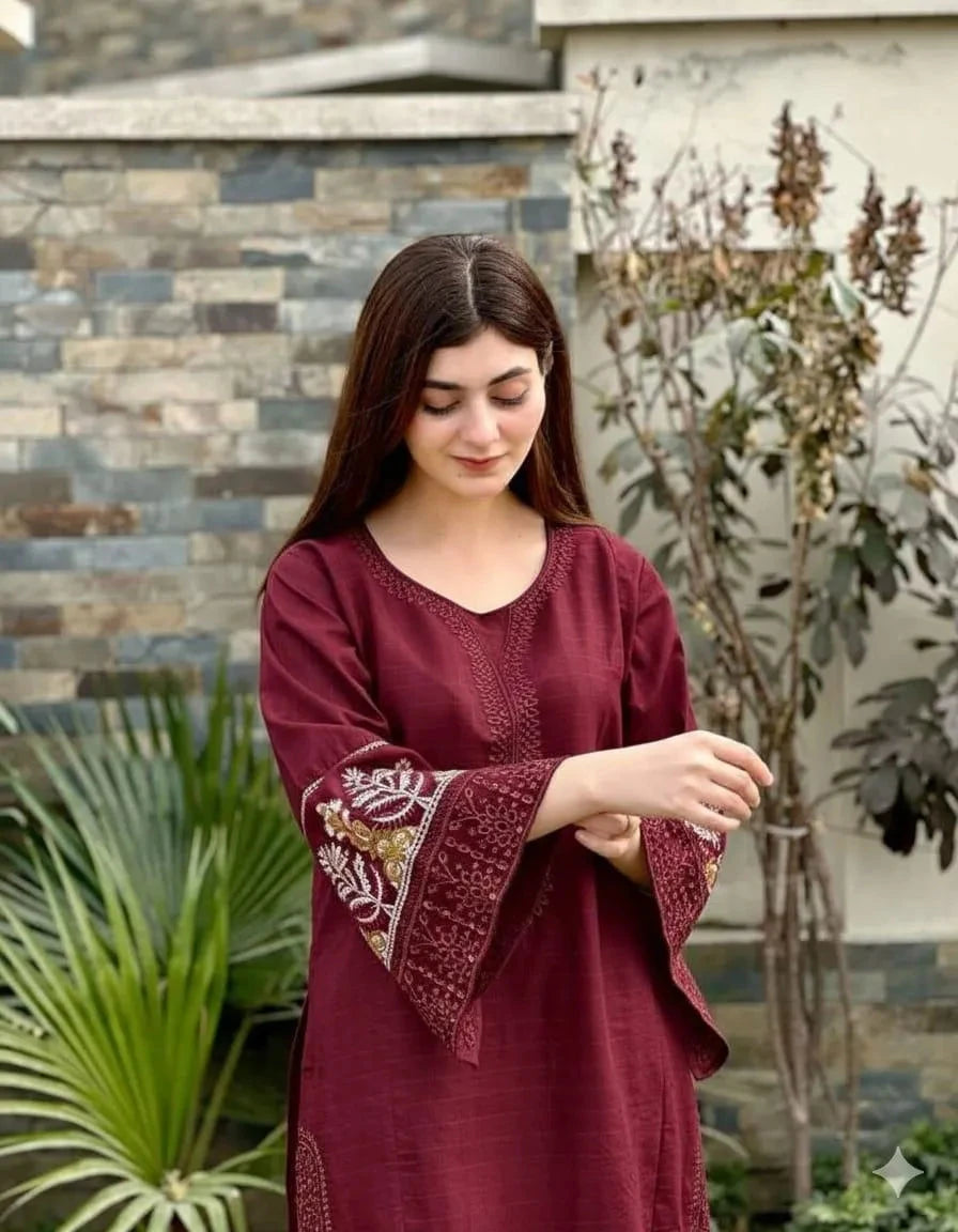 2 Pcs Women's Stitched Linen Embroidered Shirt And Trouser at One Spot