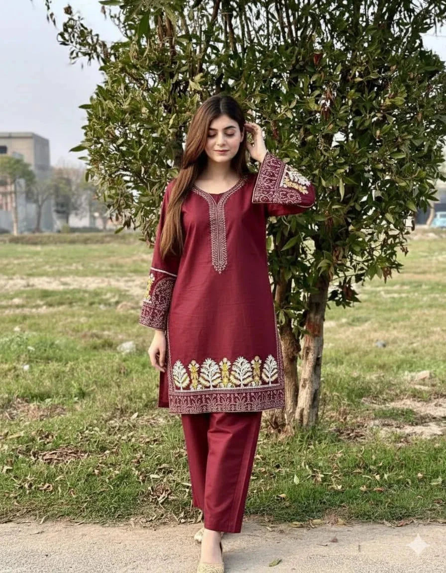 2 Pcs Women's Stitched Linen Embroidered Shirt And Trouser at One Spot