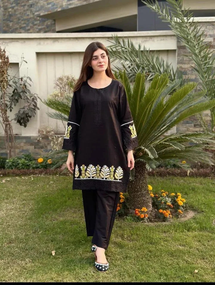 2 Pcs Women's Stitched Linen Embroidered Shirt And Trouser at One Spot