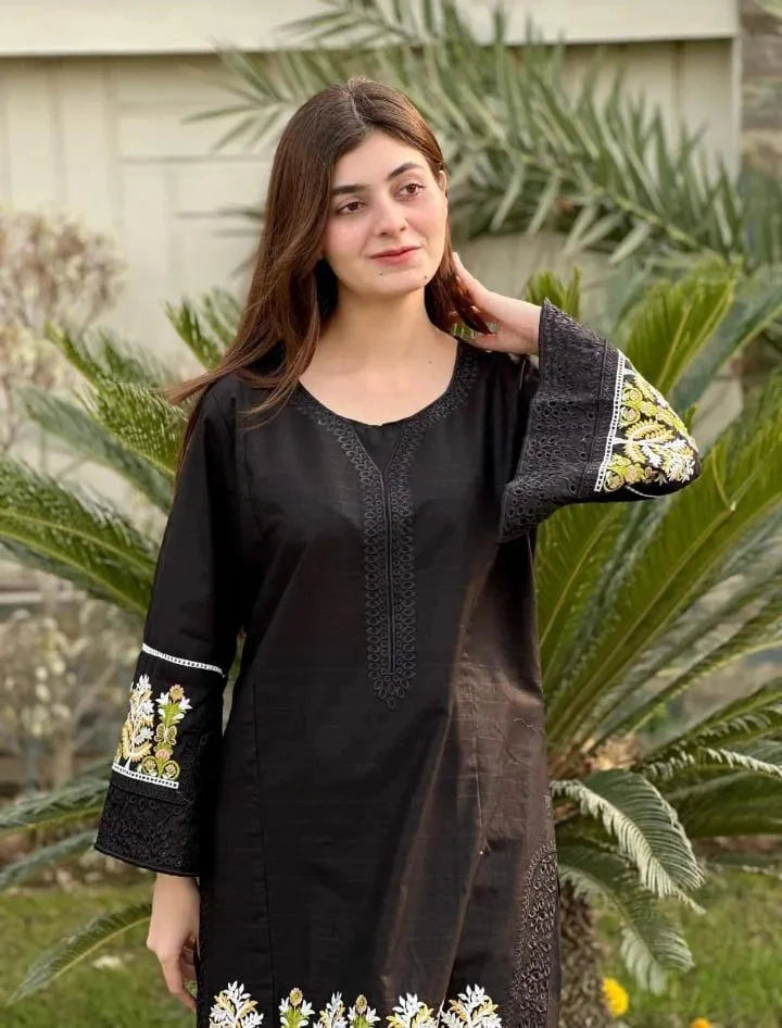 2 Pcs Women's Stitched Linen Embroidered Shirt And Trouser at One Spot