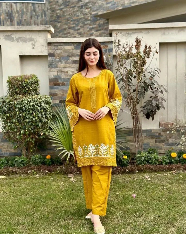 2 Pcs Women's Stitched Linen Embroidered Shirt And Trouser at One Spot