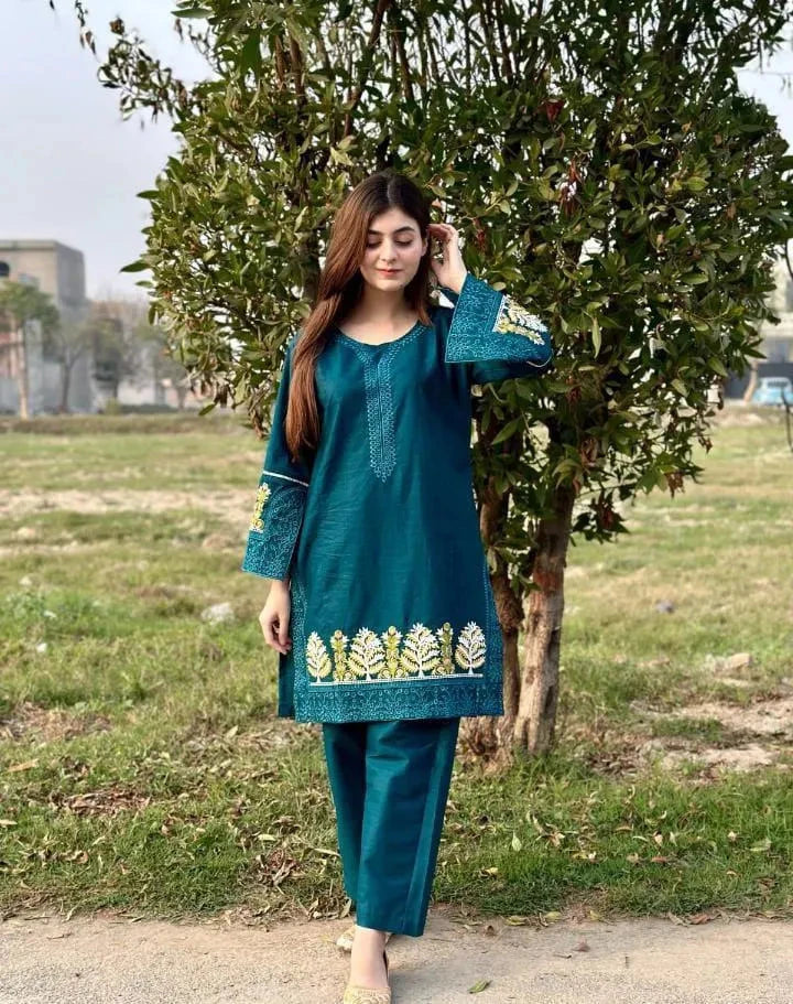 2 Pcs Women's Stitched Linen Embroidered Shirt And Trouser at One Spot