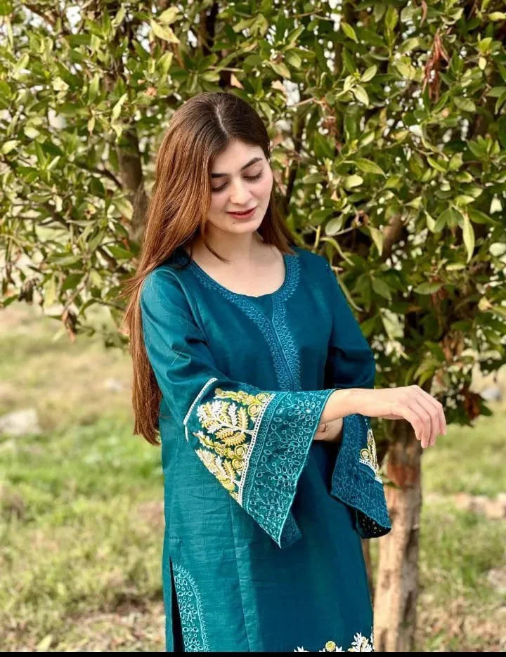 2 Pcs Women's Stitched Linen Embroidered Shirt And Trouser at One Spot