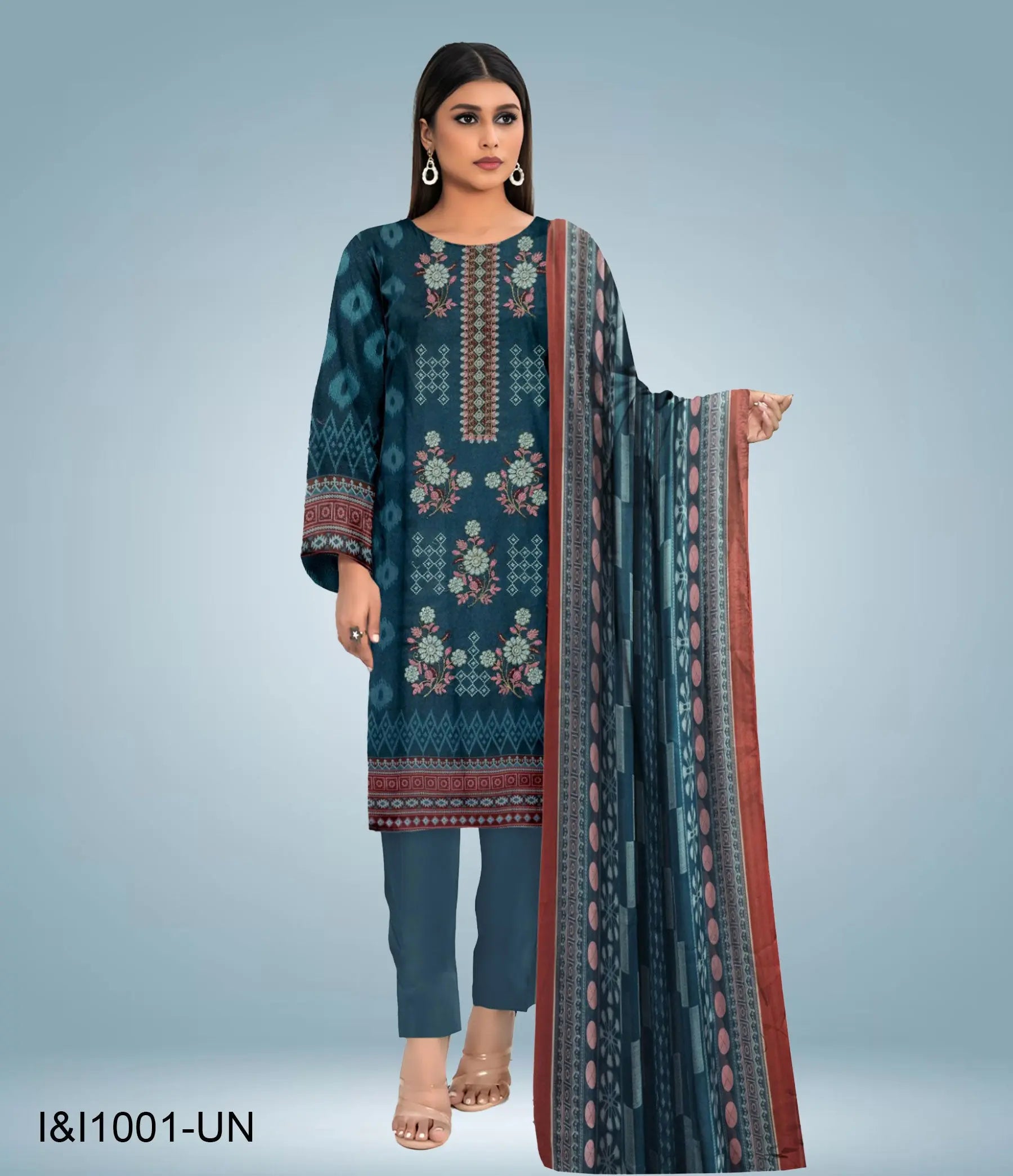 Unstitched Embroidered Lawn 3 Piece Suit | 1001-I&I-UN at One Spot