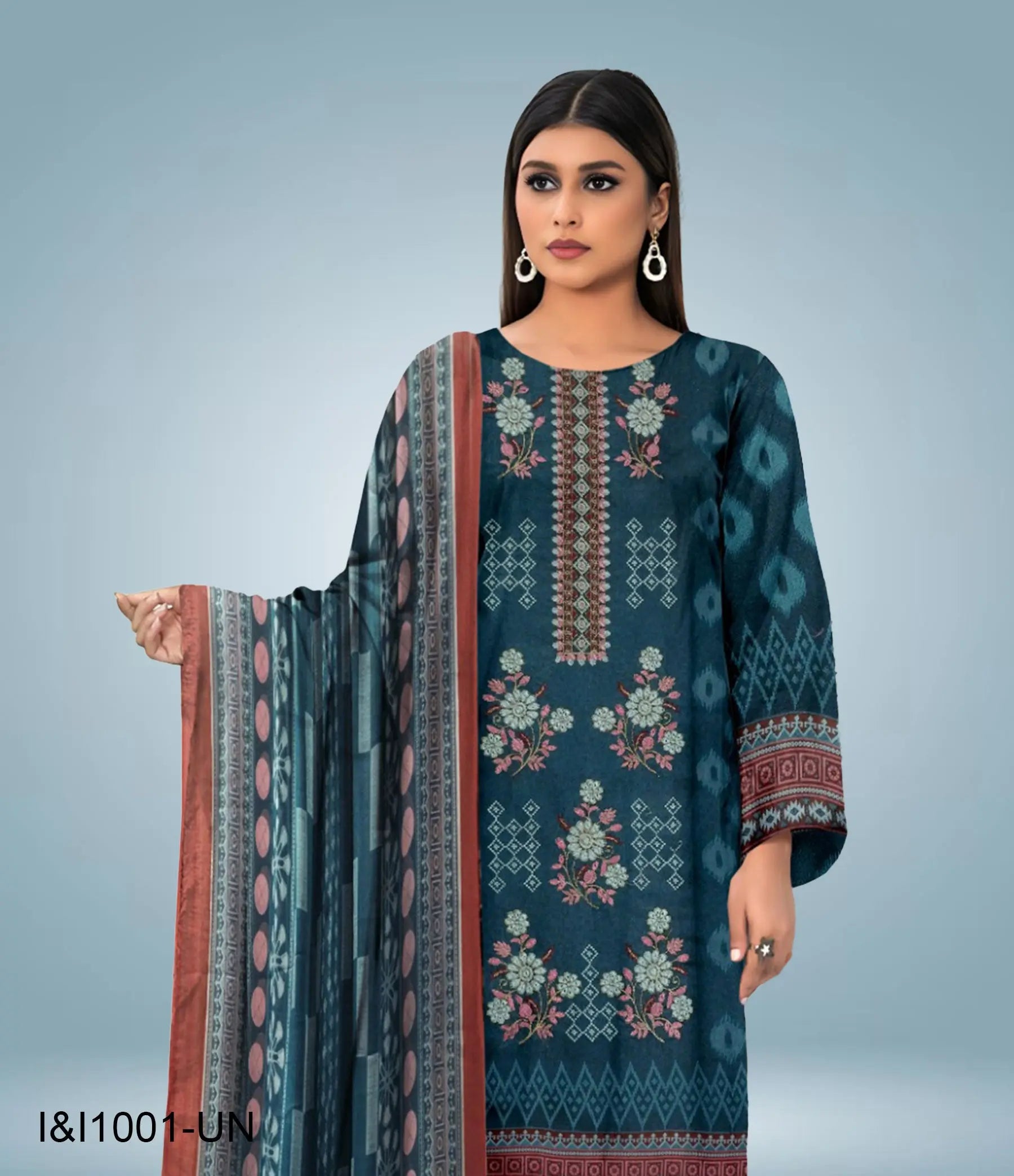 Unstitched Embroidered Lawn 3 Piece Suit | 1001-I&I-UN at One Spot