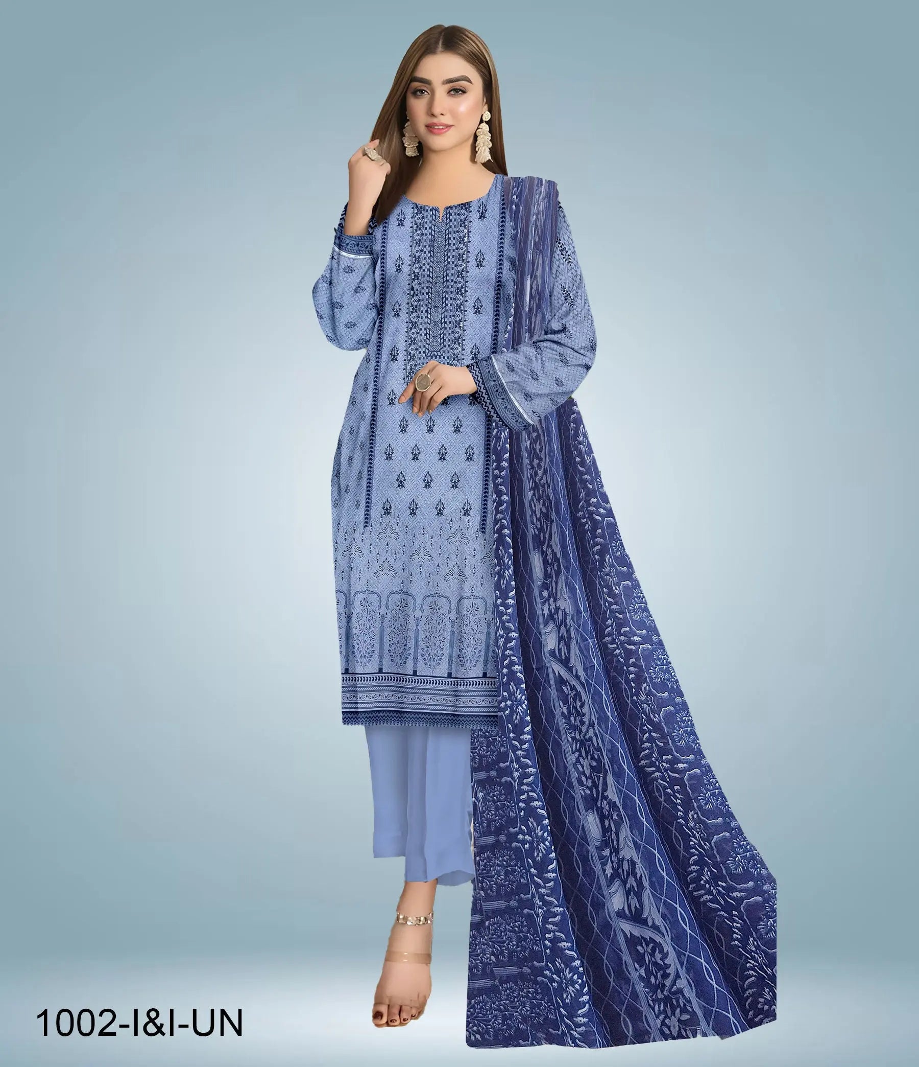 Unstitched Embroidered Lawn 3 Piece Suit | 1002-I&I-UN at One Spot