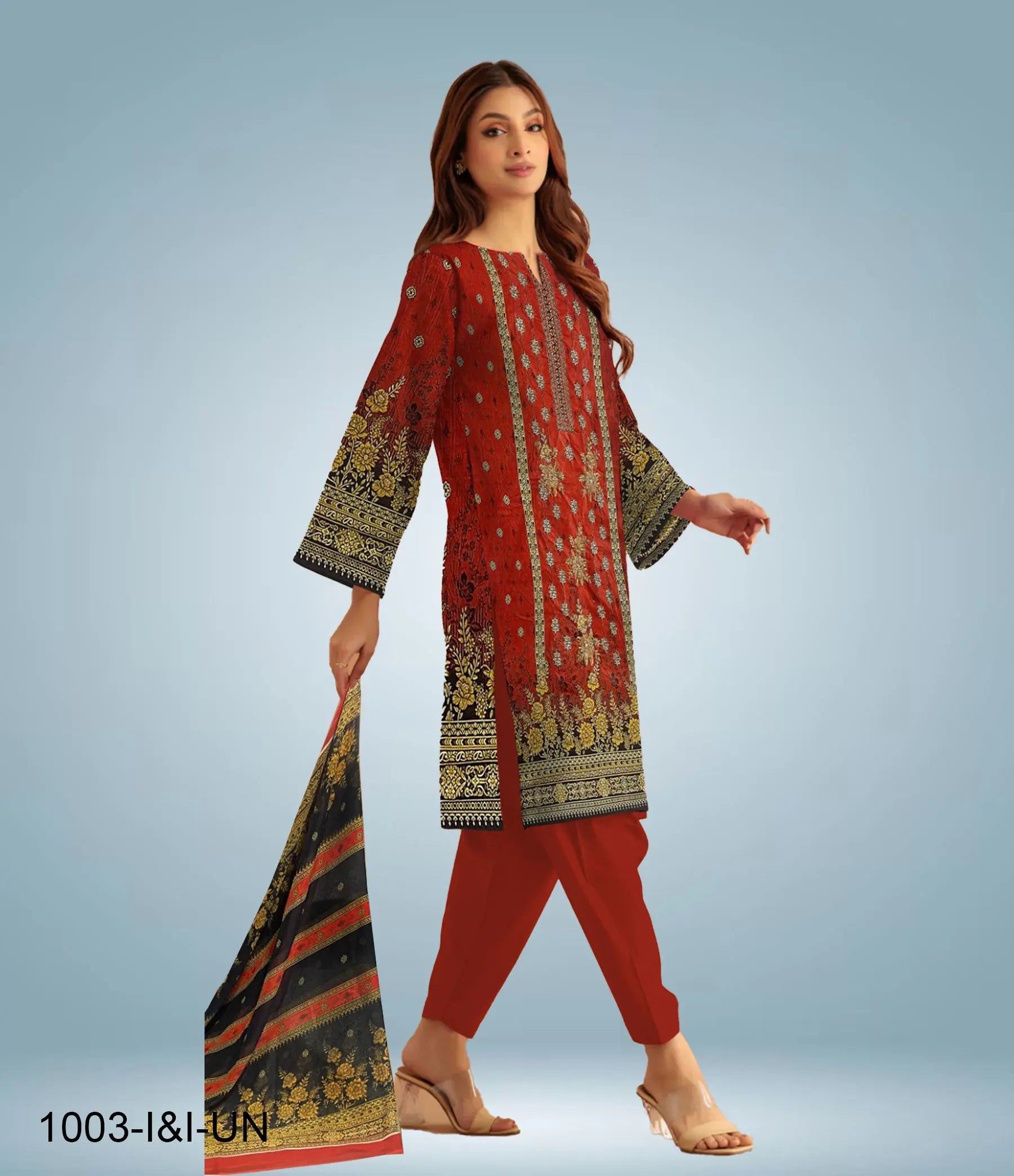 Unstitched Embroidered Lawn 3 Piece Suit | 1003-I&I-UN at One Spot