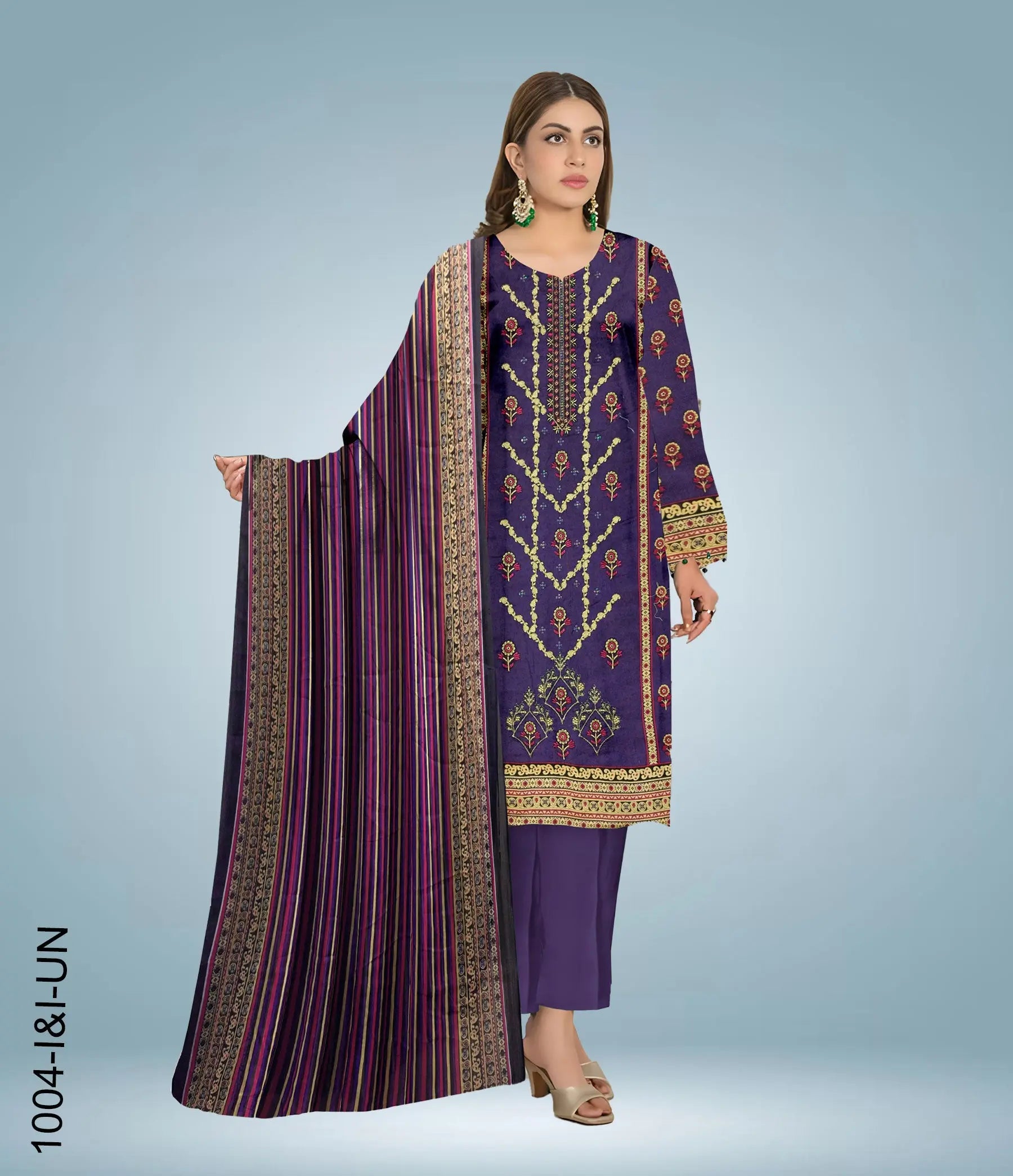 Unstitched Embroidered Lawn 3 Piece Suit | 1004-I&I-UN at One Spot