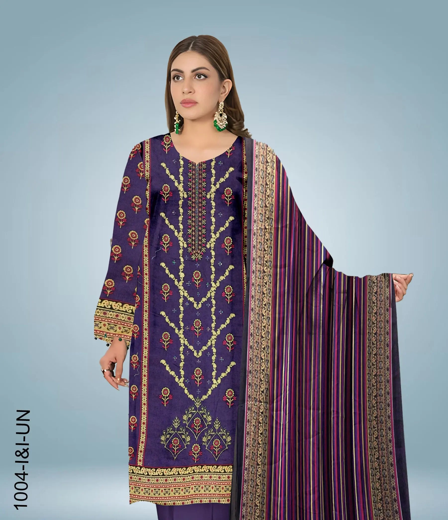 Unstitched Embroidered Lawn 3 Piece Suit | 1004-I&I-UN at One Spot