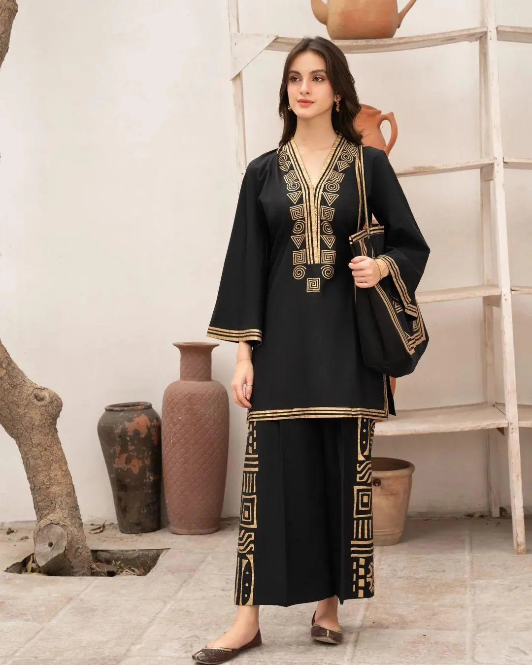 Women Stitched Linen Printed Shirt And Trouser With Handbag at One Spot