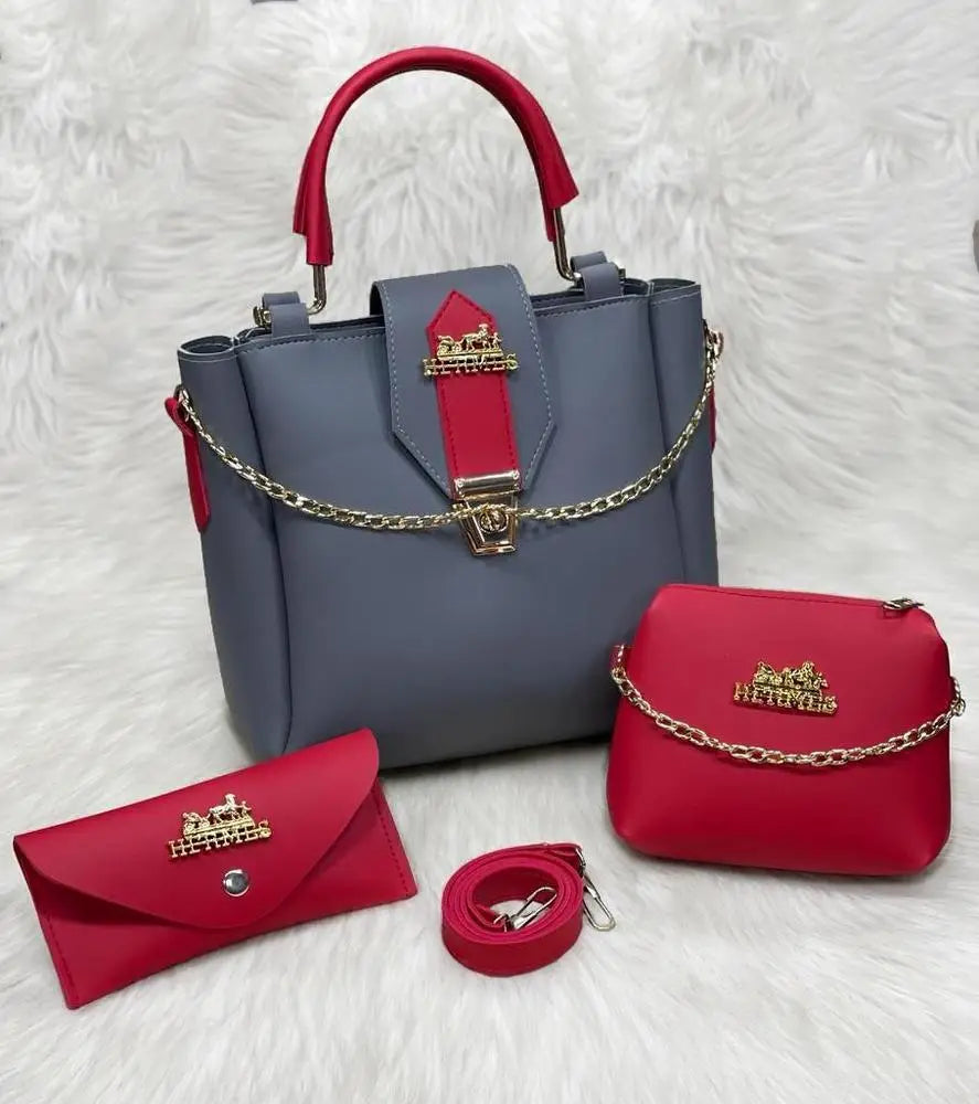 Women's PU Leather Plain Handbag, Pack Of 3 - at One Spot