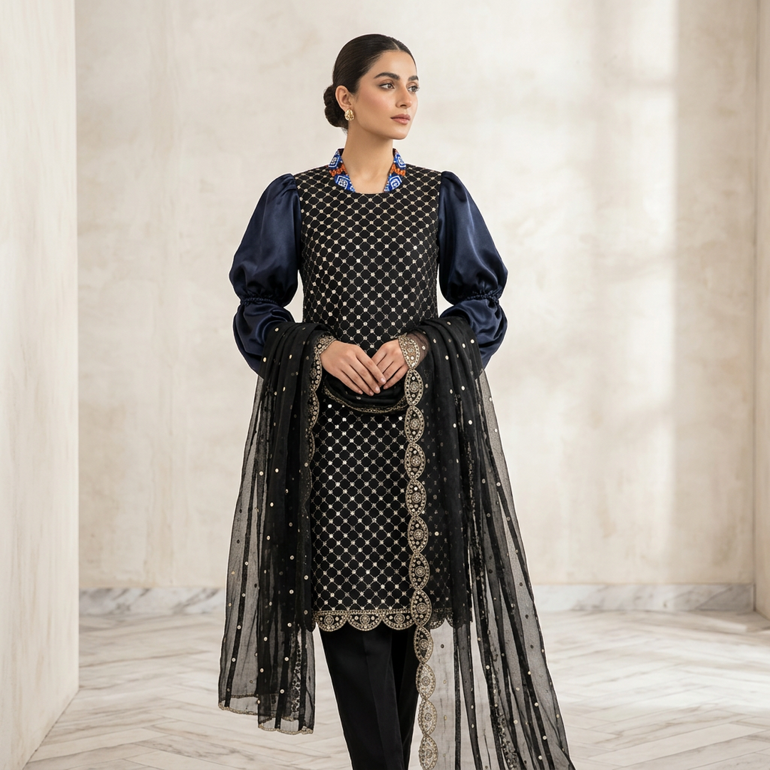 Black Chiffon Sequin 3-Piece Suit for Women