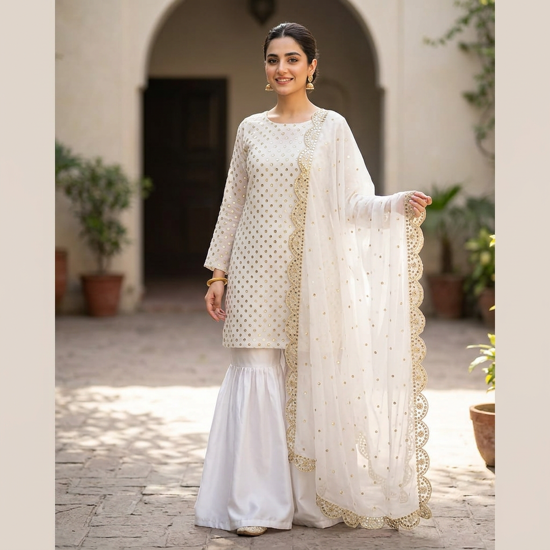White Chiffon 3-Piece Suit with Sequins & Dupatta