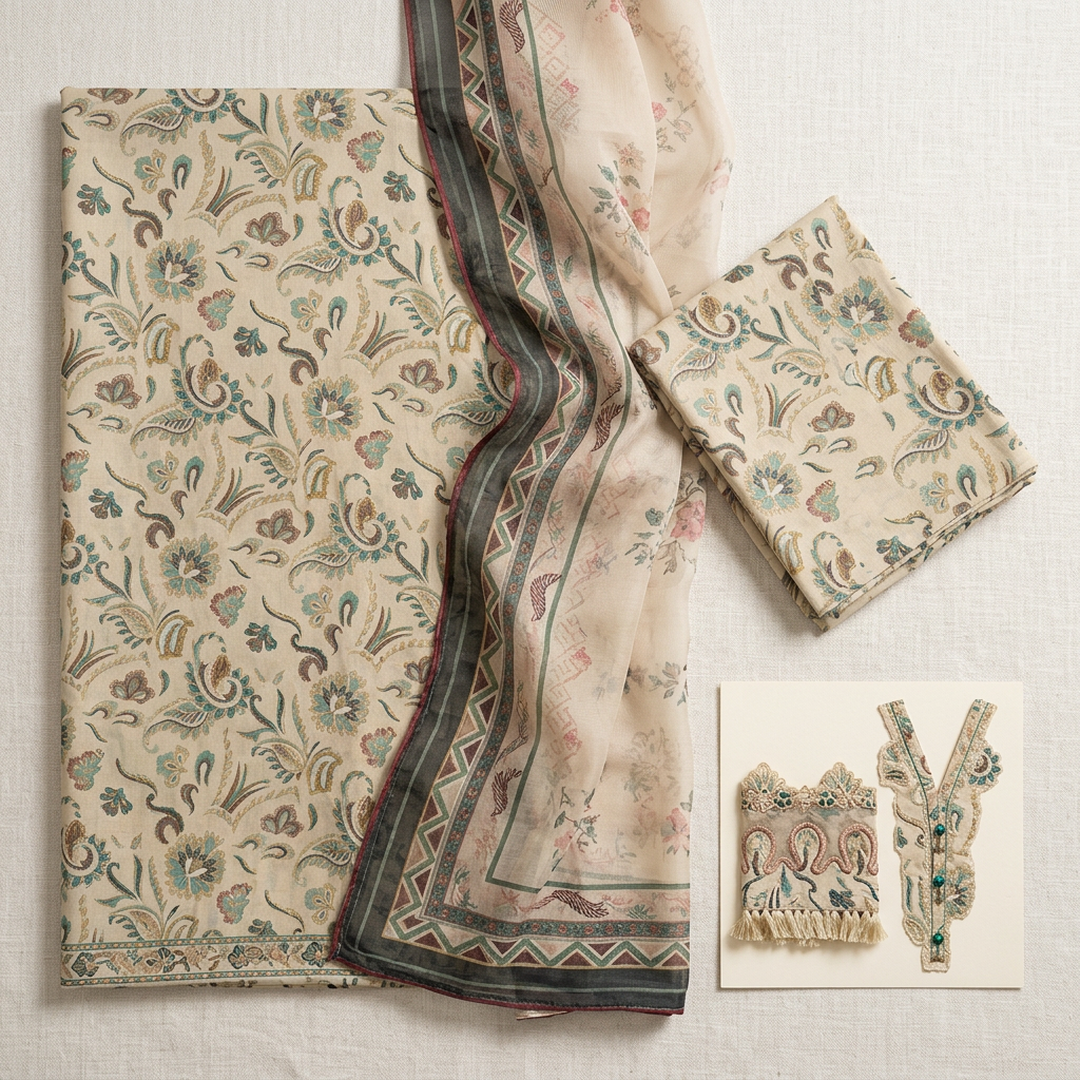 Unstitched Printed Embroidered Lawn Suit for Women