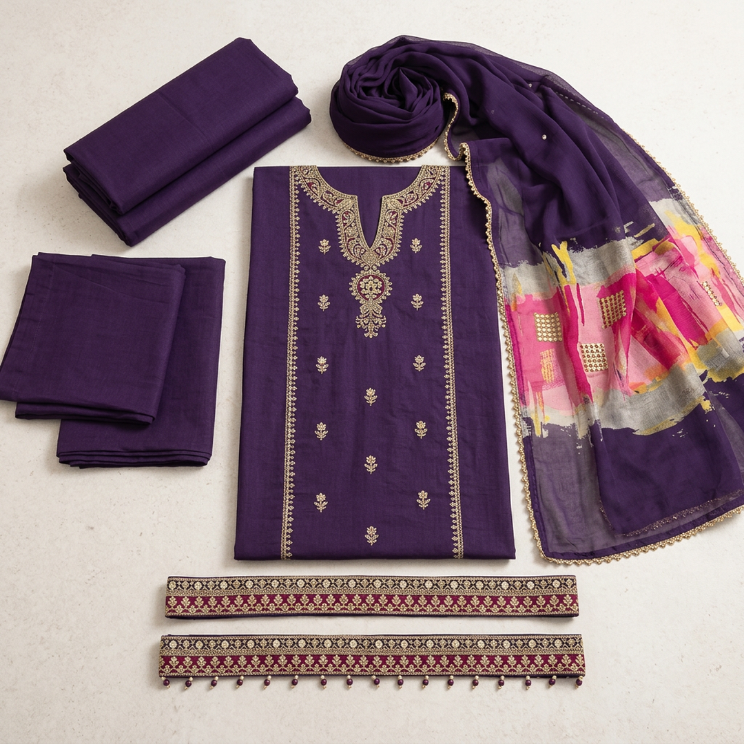 Purple Embroidered 3-Piece Lawn Suit for Eid & Weddings