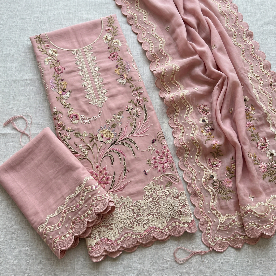 Pakistani Pink Embroidered Kurta Set with Dupatta