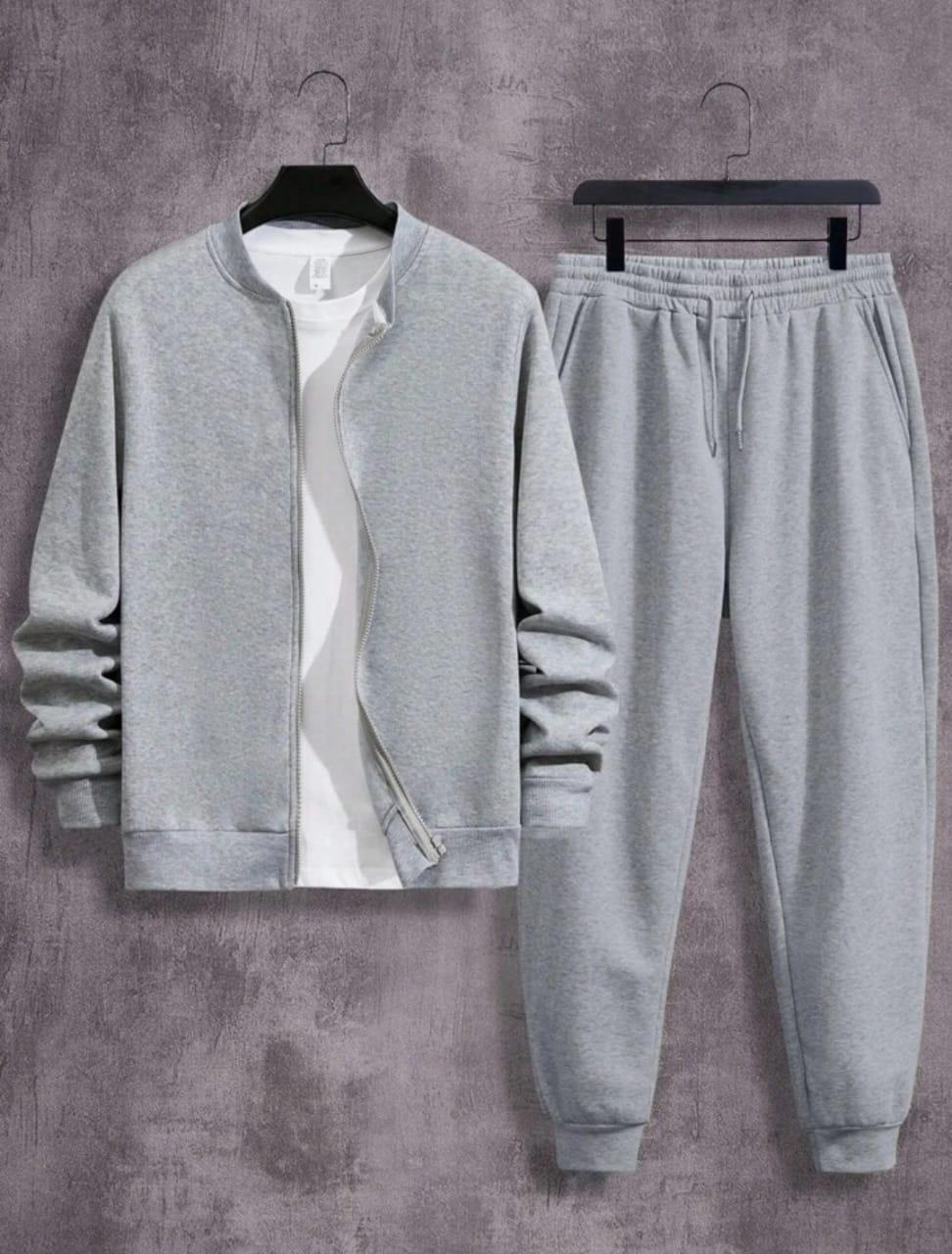 2 Pcs Men's Fleece Plain Zipper Track Suit at One Spot